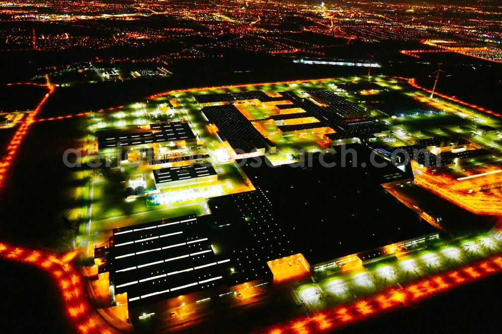 Aerial photograph at night Leipzig - Night lighting site location of Bayerische Motoren Werke AG BMW Leipzig in Saxony