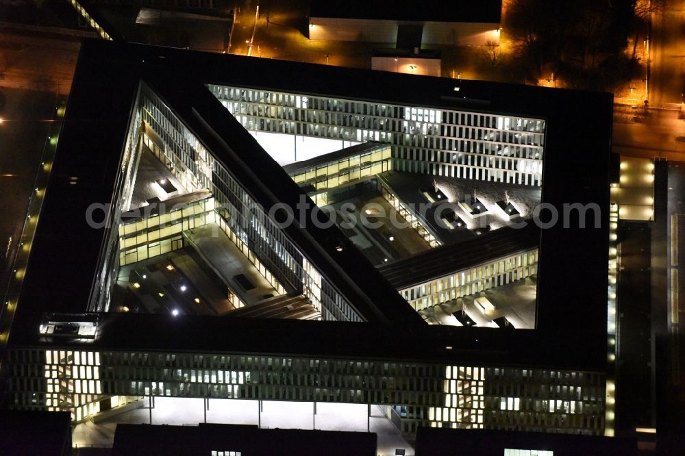 Unterföhring at night from the bird perspective: Night Aerial view Office building Allianz Germany AG on the Diesel street in Munich Unterfoehring in Bavaria