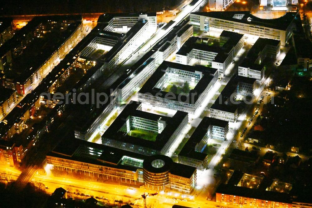 Aerial image at night München - Night lighting office building - Ensemble St. Martin Strasse and Werinherstrasse in the district Ramersdorf-Perlach in Munich in the state Bavaria, Germany