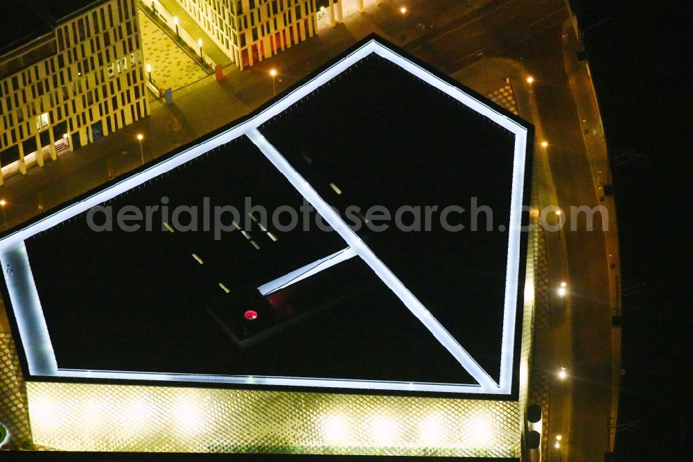 Berlin at night from the bird perspective: Night lighting Office building - Ensemble of the PricewaterhouseCoopers GmbH WPG , the Futurium gGmbH and the Anti-Discrimination Agency of the Federation in Berlin, Germany