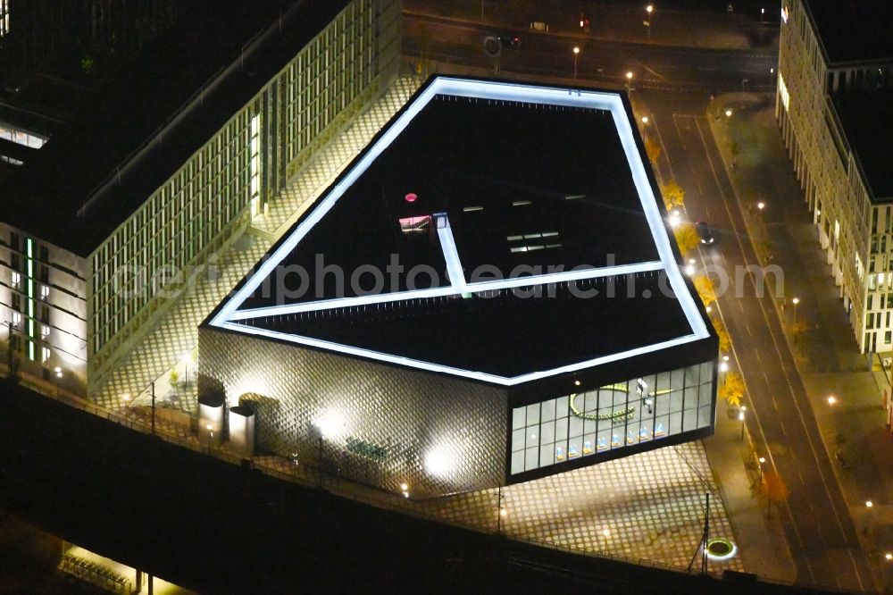 Aerial image at night Berlin - Night lighting Office building - Ensemble of the PricewaterhouseCoopers GmbH WPG , the Futurium gGmbH and the Anti-Discrimination Agency of the Federation in Berlin, Germany
