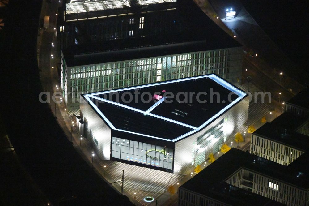 Aerial image at night Berlin - Night lighting Office building - Ensemble of the PricewaterhouseCoopers GmbH WPG , the Futurium gGmbH and the Anti-Discrimination Agency of the Federation in Berlin, Germany