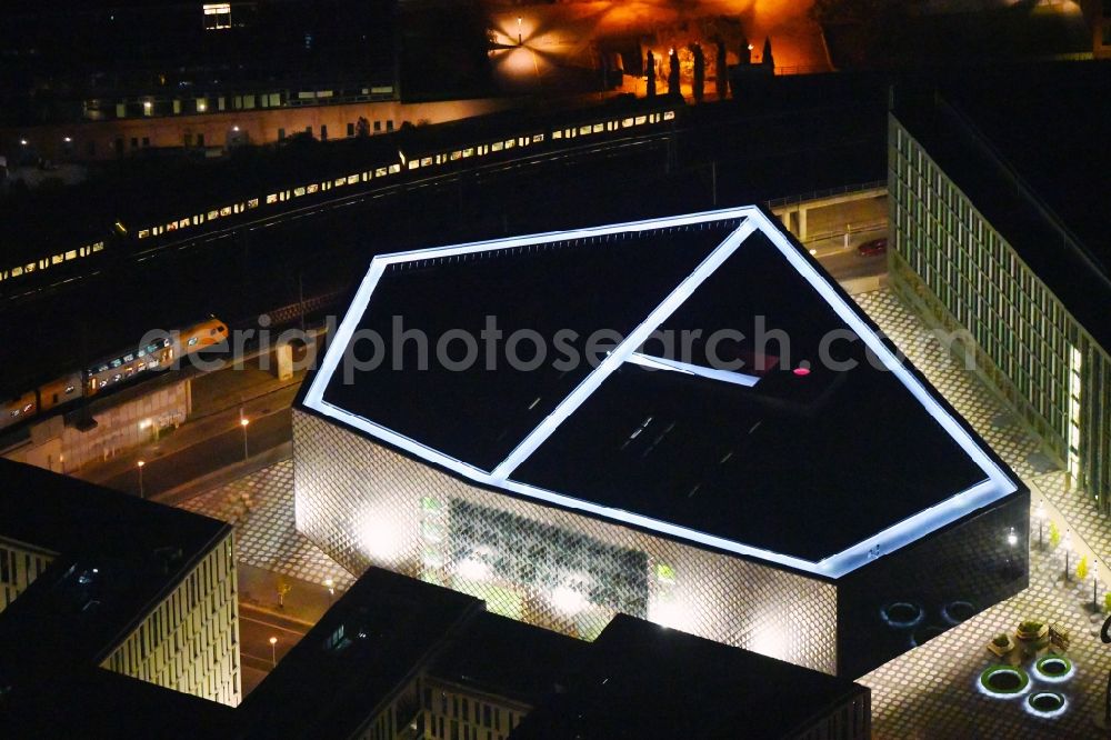 Aerial photograph at night Berlin - Night lighting Office building - Ensemble of the PricewaterhouseCoopers GmbH WPG , the Futurium gGmbH and the Anti-Discrimination Agency of the Federation in Berlin, Germany