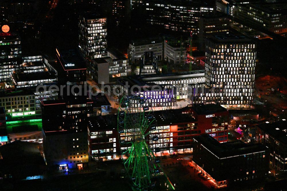 Aerial photograph at night München - Night lighting new office and commercial building WERK3 on Atelierstrasse in the district Ramersdorf-Perlach in Munich in the state Bavaria, Germany