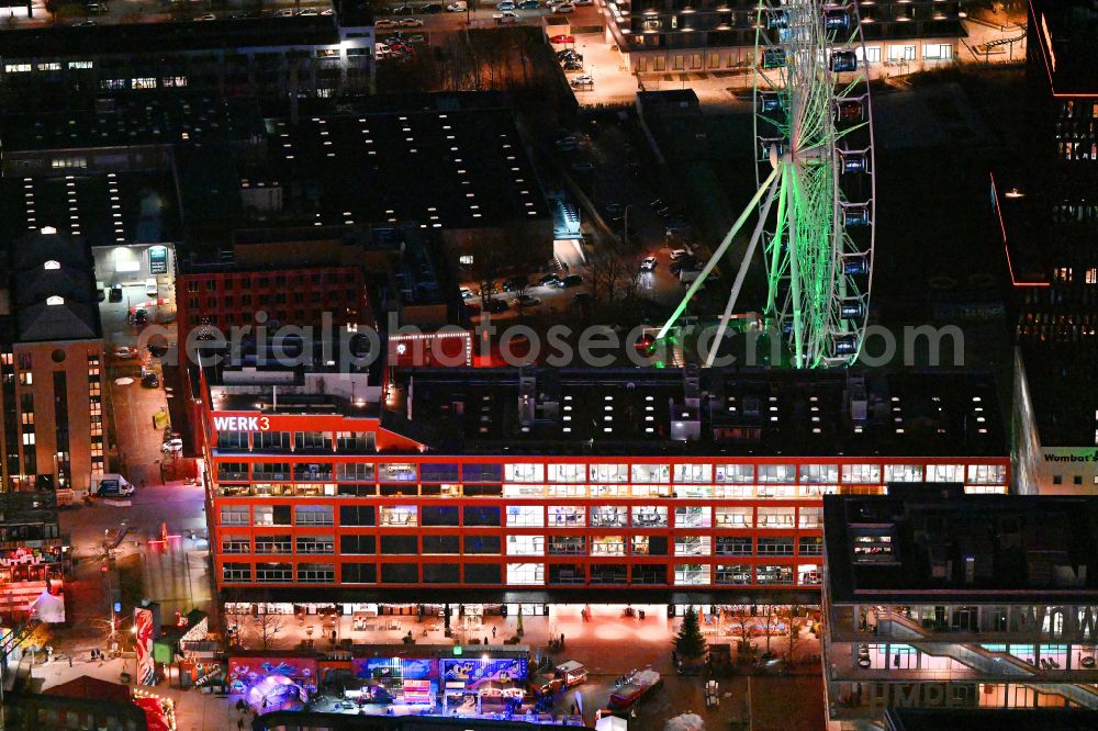 Aerial photograph at night München - Night lighting new office and commercial building WERK3 on Atelierstrasse in the district Ramersdorf-Perlach in Munich in the state Bavaria, Germany