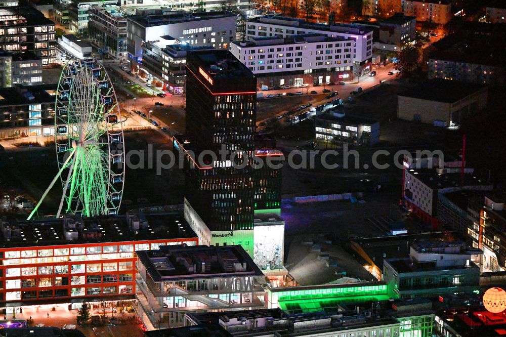München at night from the bird perspective: Night lighting construction site to build a new office and commercial building WERK4 on Atelierstrasse in the district Ramersdorf-Perlach in Munich in the state Bavaria, Germany