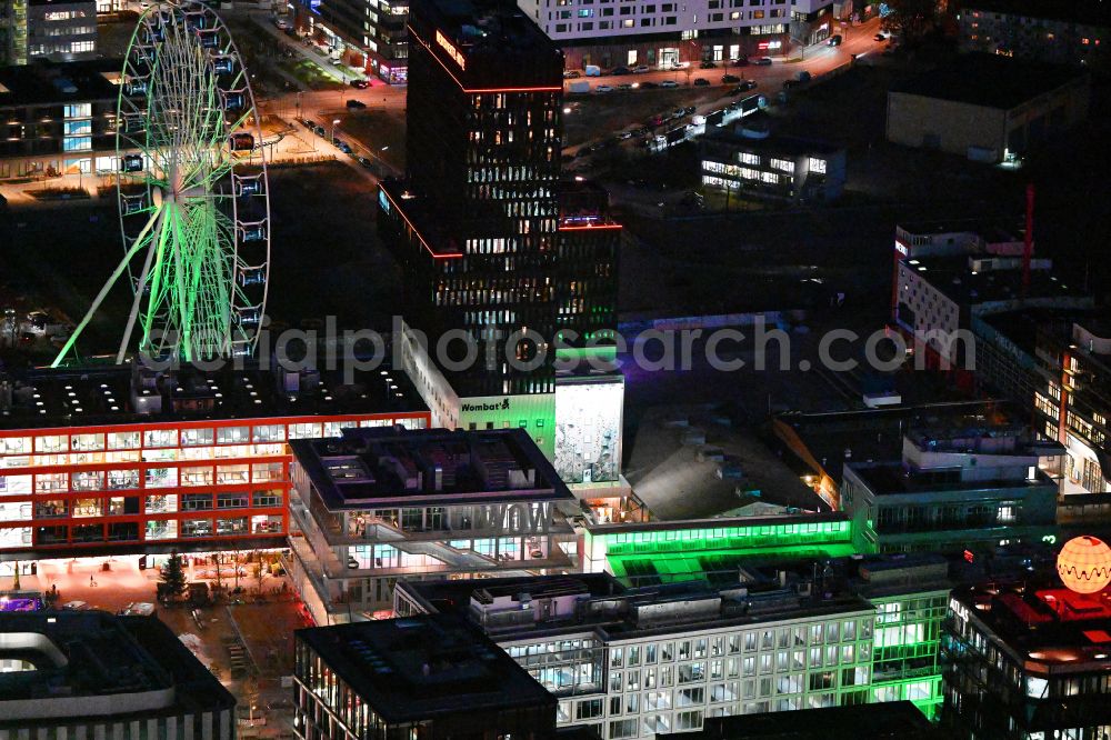 Aerial photograph at night München - Night lighting construction site to build a new office and commercial building WERK4 on Atelierstrasse in the district Ramersdorf-Perlach in Munich in the state Bavaria, Germany