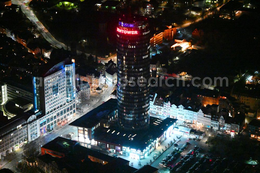 Aerial photograph at night Jena - Night lighting office and corporate management high-rise building Jentower on Leutragraben in Jena in the state Thuringia, Germany