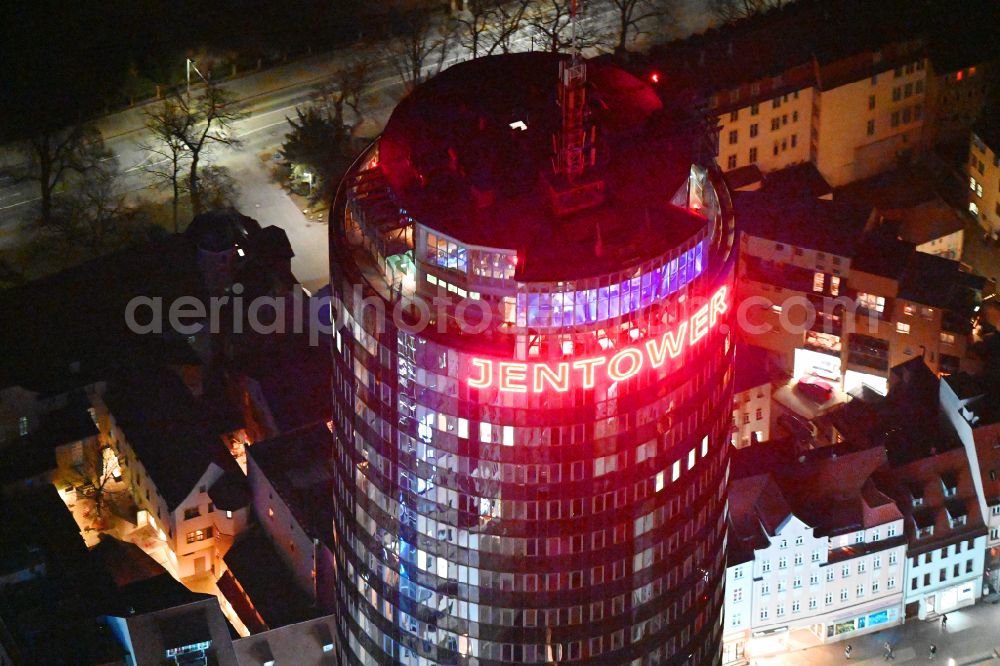 Jena at night from above - Night lighting office and corporate management high-rise building Jentower on Leutragraben in Jena in the state Thuringia, Germany
