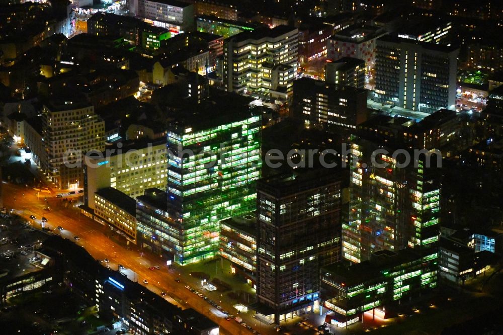 Hamburg at night from above - Night lighting office and corporate management high-rise building Beim Strohhause in the district Sankt Georg in Hamburg, Germany