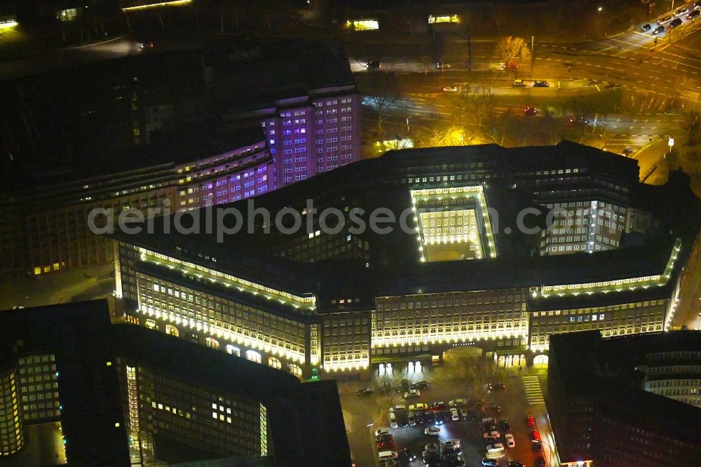 Hamburg at night from above - Night lighting Office building Chilehaus Hamburg on Fischertwiete in Hamburg, Germany
