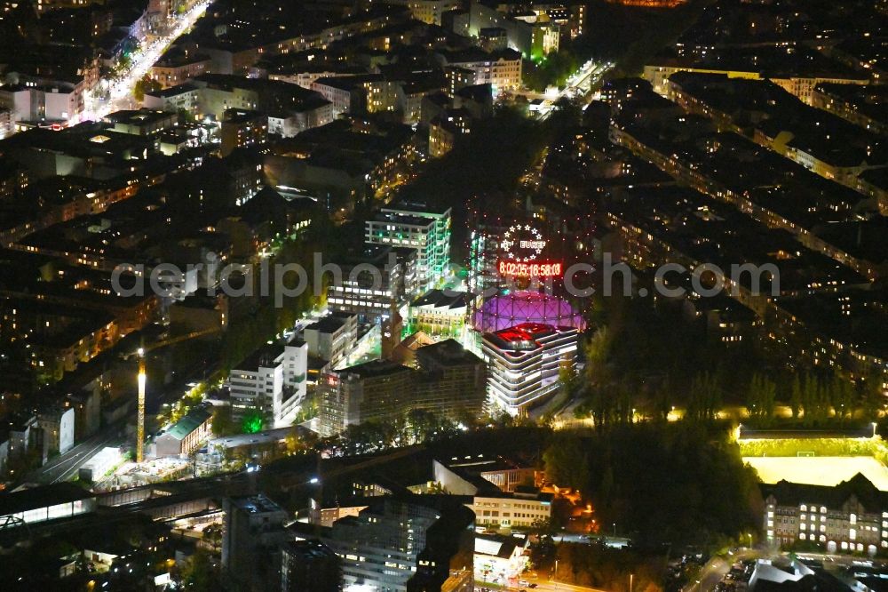 Aerial photograph at night Berlin - Night lighting office building on EUREF-Conpus on Torgauer Strasse in the district Schoeneberg in Berlin, Germany