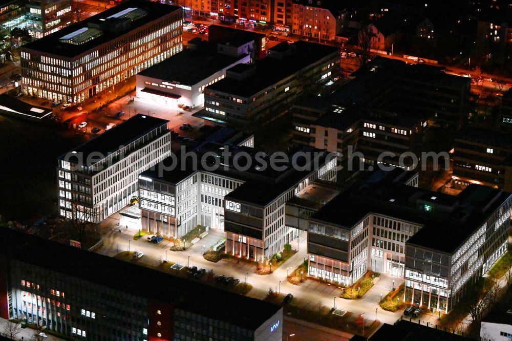 Aerial image at night München - Night lighting office building on street Weimarer Strasse - Domagkstrasse in the district Freimann in Munich in the state Bavaria, Germany