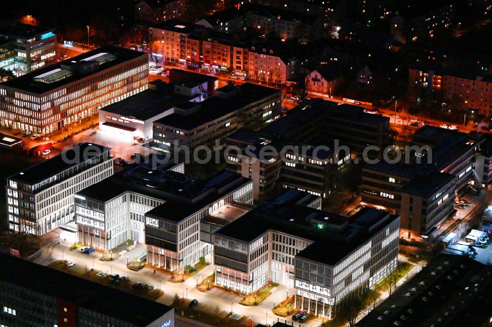 München at night from above - Night lighting office building on street Weimarer Strasse - Domagkstrasse in the district Freimann in Munich in the state Bavaria, Germany