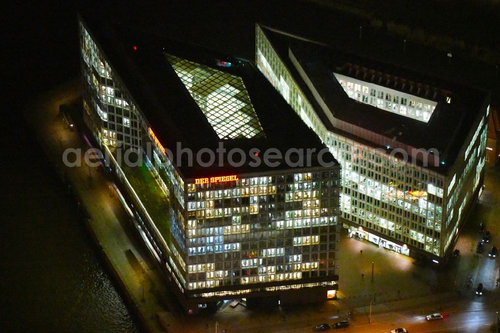 Hamburg at night from above - Night lighting office building of the administrative house and business house the SPIEGEL publishing company Rudolf Augstein GmbH and Co. KG and the manager magazine Publishing company society mbh in Hamburg, Germany