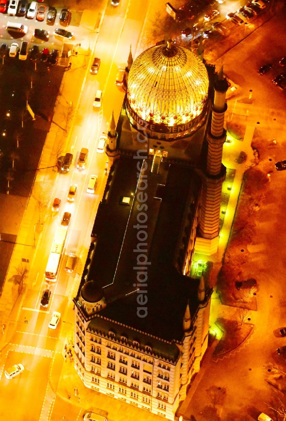 Aerial image at night Dresden - Night lighting Office building Yenidze on Weisseritzstrasse in the district Altstadt in Dresden in the state Saxony, Germany