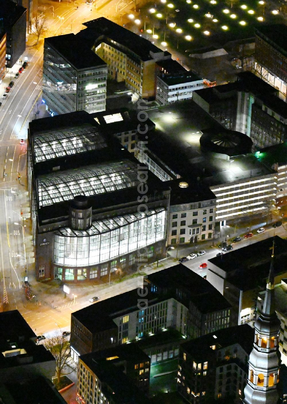 Aerial image at night Hamburg - Night lighting office building Zuerichhaus on street Domstrasse in the district Altstadt in Hamburg, Germany