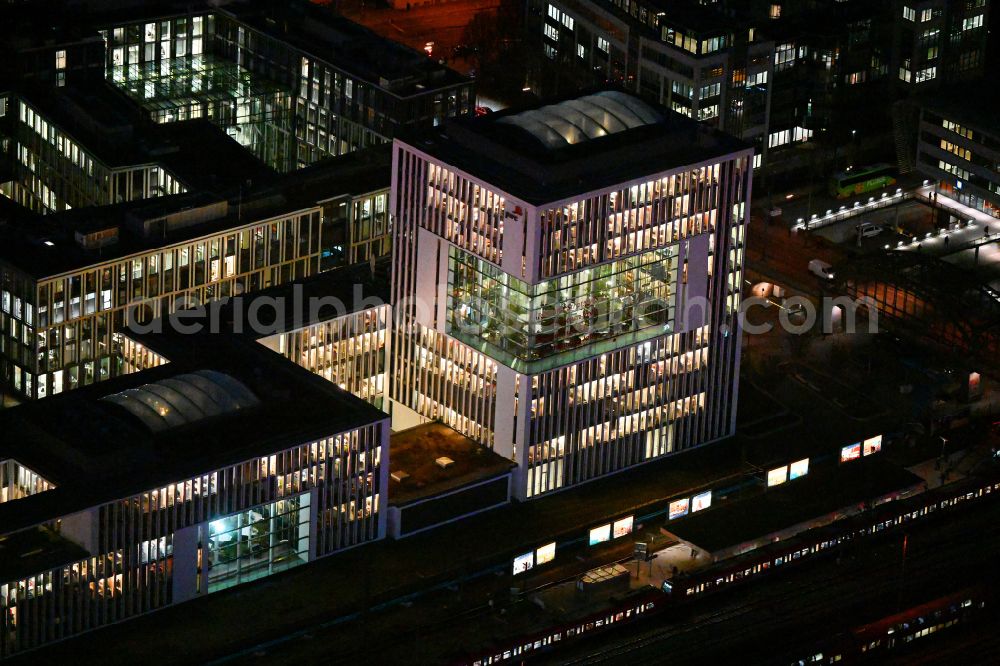 München at night from above - Night lighting office building of the administrative and commercial building Skygarden on Bernhard-Wicki-Strasse in the district Maxvorstadt in Munich in the state Bavaria, Germany