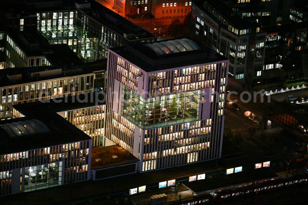 München at night from the bird perspective: Night lighting office building of the administrative and commercial building Skygarden on Bernhard-Wicki-Strasse in the district Maxvorstadt in Munich in the state Bavaria, Germany