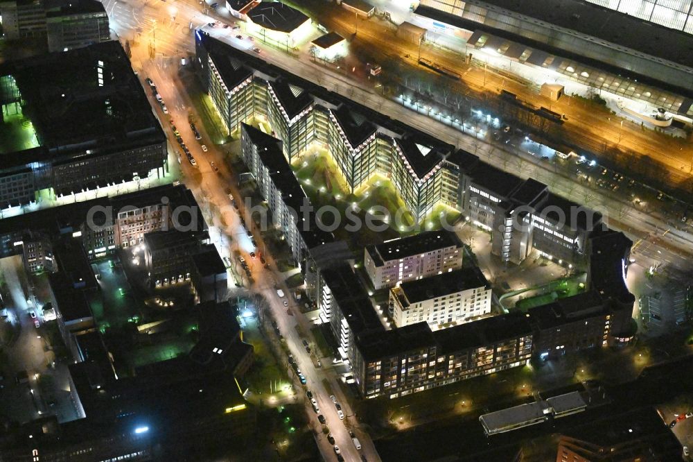 Hamburg at night from the bird perspective: Night lights and lighting office building of the VTG Center on Amsinckstrasse in Hamburg, Germany