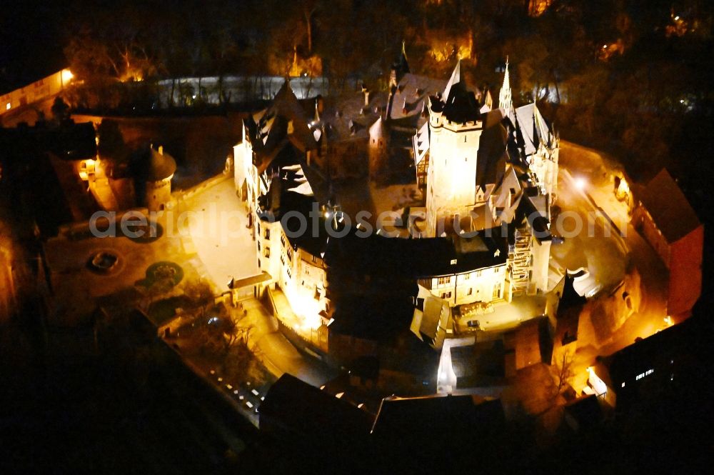 Aerial photograph at night Wernigerode - Night lighting castle of the fortress Schloss Wernigerode in Wernigerode in the state Saxony-Anhalt, Germany