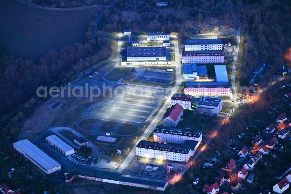 Meiningen at night from the bird perspective: Night lighting campus building of the University of Applied Sciences for public administration - Department of Police in Meiningen in the state Thuringia, Germany