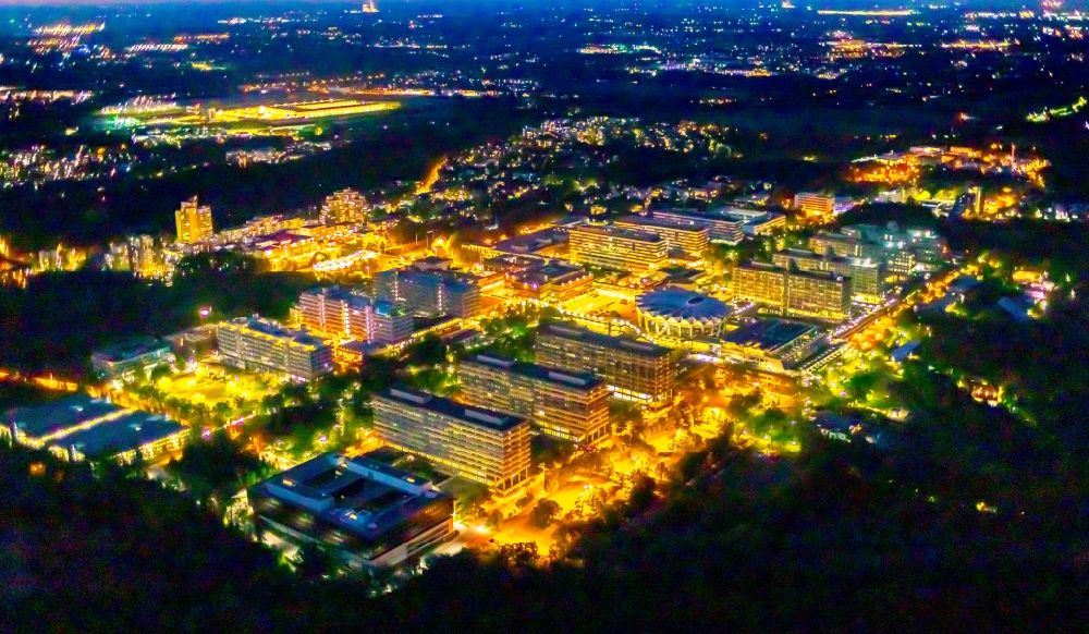 Aerial image at night Bochum - Night lighting campus building of the Ruhr-university in Bochum at Ruhrgebiet in the state North Rhine-Westphalia