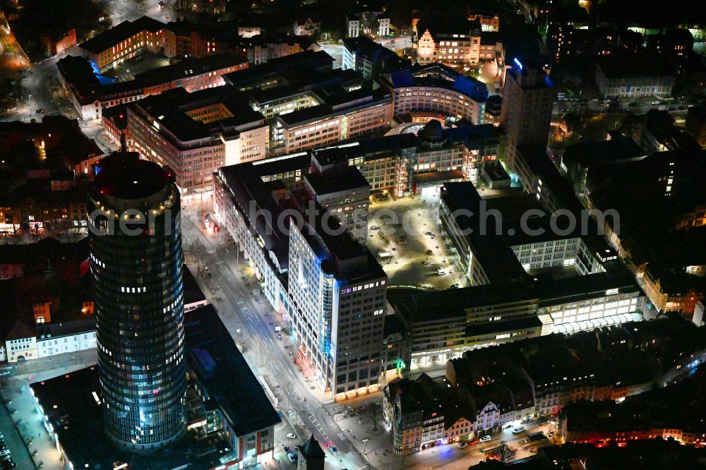 Aerial photograph at night Jena - Night lighting campus building of the university Friedrich-Schiller-Universitaet Jena and office building of the Jenoptik AG on Carl-Zeiss-Strasse in Jena in the state Thuringia, Germany
