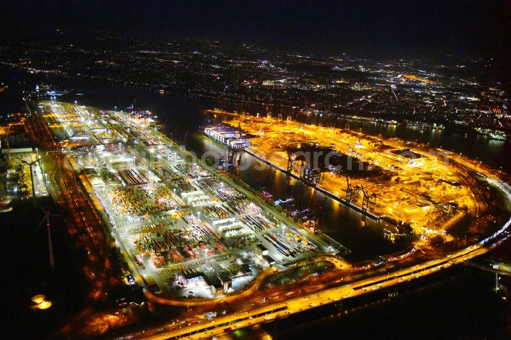 Aerial image at night Hamburg - Night lighting container Terminal in the port of the international port of the EUROGATE Container Terminal Hamburg GmbH im Morgennebel in Hamburg