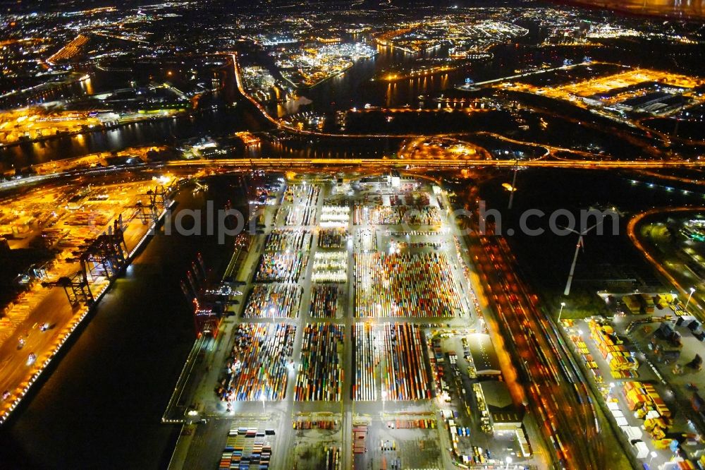 Hamburg at night from above - Night lighting container Terminal in the port of the international port of the EUROGATE Container Terminal Hamburg GmbH im Morgennebel in Hamburg