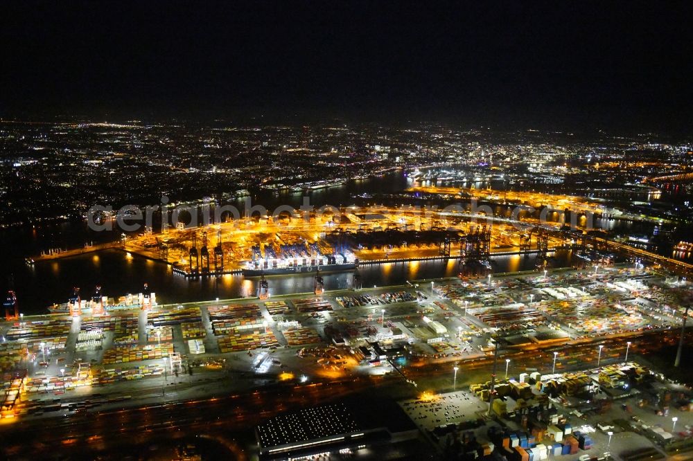 Aerial photograph at night Hamburg - Night lighting container Terminal in the port of the international port of the EUROGATE Container Terminal Hamburg GmbH im Morgennebel in Hamburg