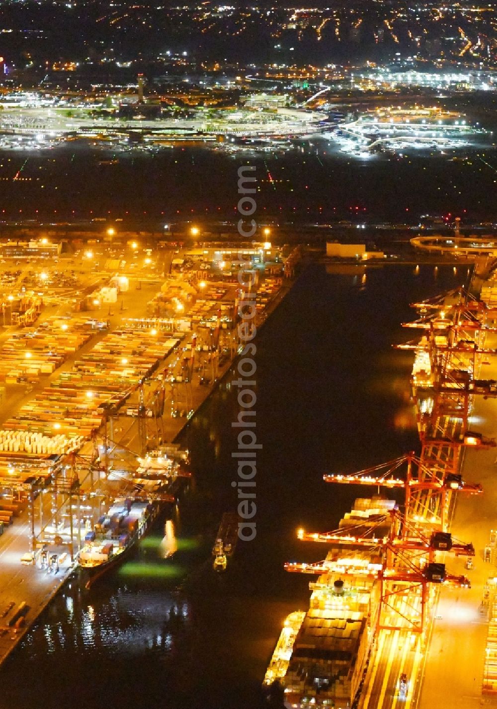 Newark at night from above - Night lighting Container Terminal in the port of the international port Port Newark on E Bay Ave in Newark in New Jersey, United States of America