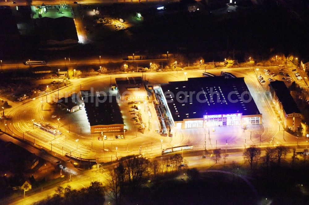 Aerial image at night Rostock - Night view estates depot / depot tramway in Rostock in Mecklenburg-Western Pomerania