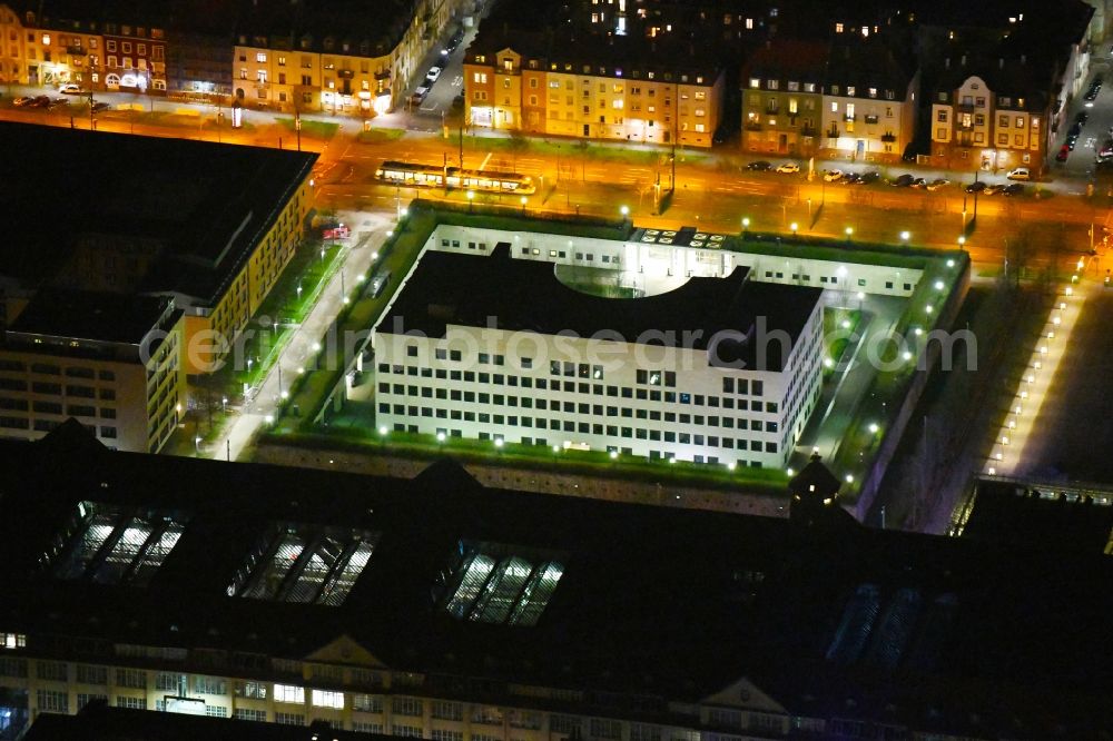 Aerial photograph at night Karlsruhe - Night lights and lighting GBA administrative building of the state authority Federal Attorney General at the Federal Court of Justice on Brauerstrasse in the district of Suedweststadt in Karlsruhe in the state Baden-Wurttemberg, Germany