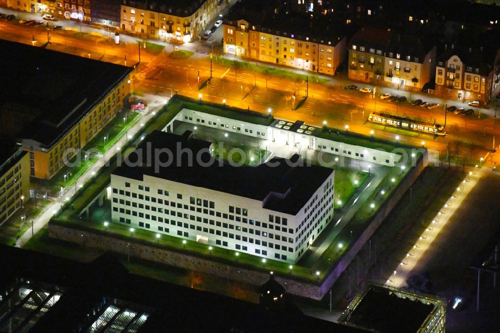 Aerial image at night Karlsruhe - Night lights and lighting GBA administrative building of the state authority Federal Attorney General at the Federal Court of Justice on Brauerstrasse in the district of Suedweststadt in Karlsruhe in the state Baden-Wurttemberg, Germany