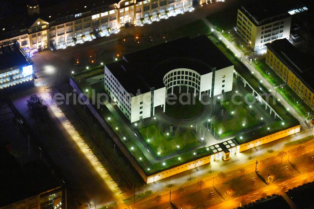 Karlsruhe at night from above - Night lights and lighting GBA administrative building of the state authority Federal Attorney General at the Federal Court of Justice on Brauerstrasse in the district of Suedweststadt in Karlsruhe in the state Baden-Wurttemberg, Germany
