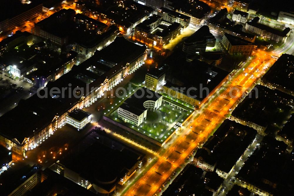 Karlsruhe at night from above - Night lights and lighting GBA administrative building of the state authority Federal Attorney General at the Federal Court of Justice on Brauerstrasse in the district of Suedweststadt in Karlsruhe in the state Baden-Wurttemberg, Germany