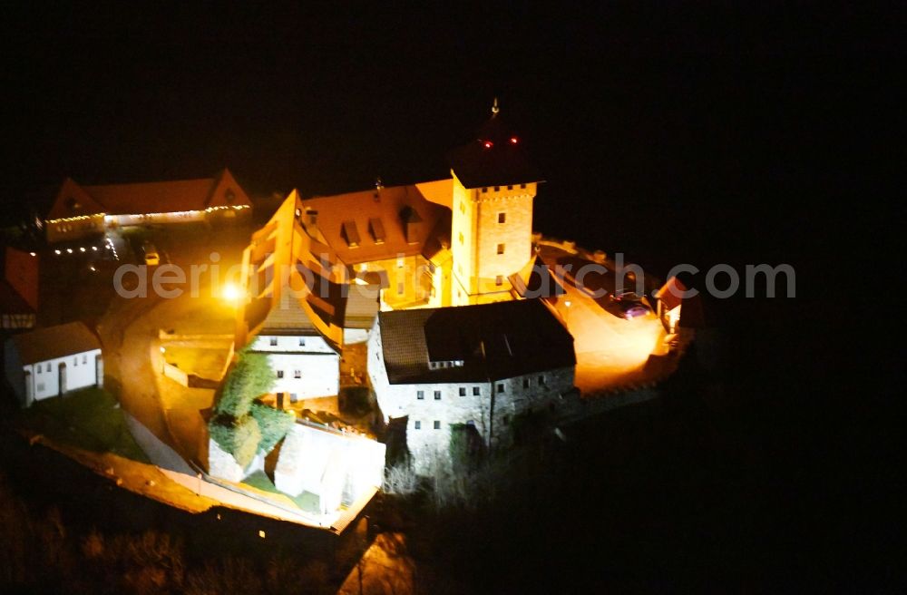 Aerial image at night Amt Wachsenburg - Night lighting Castle of the fortress Wachsenburg in Amt Wachsenburg in the state Thuringia