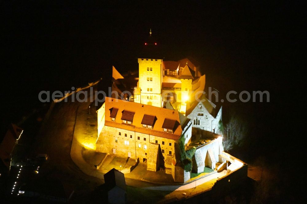 Amt Wachsenburg at night from the bird perspective: Night lighting Castle of the fortress Wachsenburg in Amt Wachsenburg in the state Thuringia