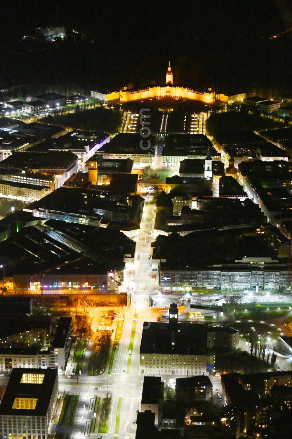 Aerial photograph at night Karlsruhe - Night lights and lighting in a city view of the inner city area with castle garden and castle on Karl-Friedrich-Strasse in Karlsruhe in the state Baden-Wurttemberg, Germany