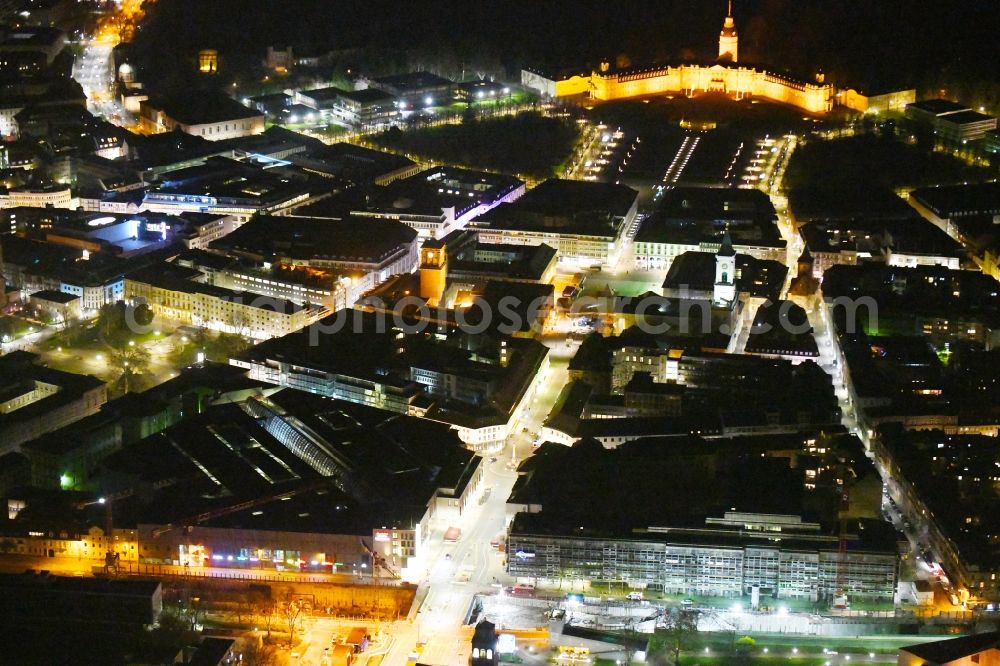 Aerial image at night Karlsruhe - Night lights and lighting in a city view of the inner city area with castle garden and castle on Karl-Friedrich-Strasse in Karlsruhe in the state Baden-Wurttemberg, Germany