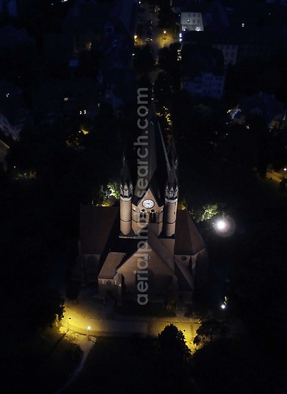 Aerial photograph at night Halle (Saale) - Night aerial view of the Church St. Paul's Church in St. Paul district of Halle (Saale) in Saxony-Anhalt