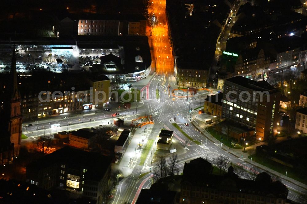 Aerial photograph at night Karlsruhe - Night lights and lighting of the intersection Durlacher Tor with Adenauerring, Kaiserstrasse, Kapellenstrasse and Durlacher Allee in Karlsruhe in the state Baden-Wurttemberg, Germany