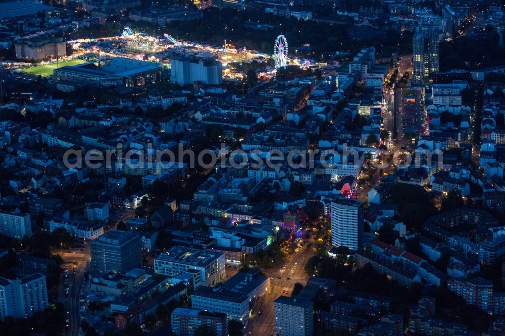 Hamburg at night from the bird perspective: Night aerial view of the Reeperbahn in Hamburg's entertainment and red-light district of St. Pauli in Hamburg