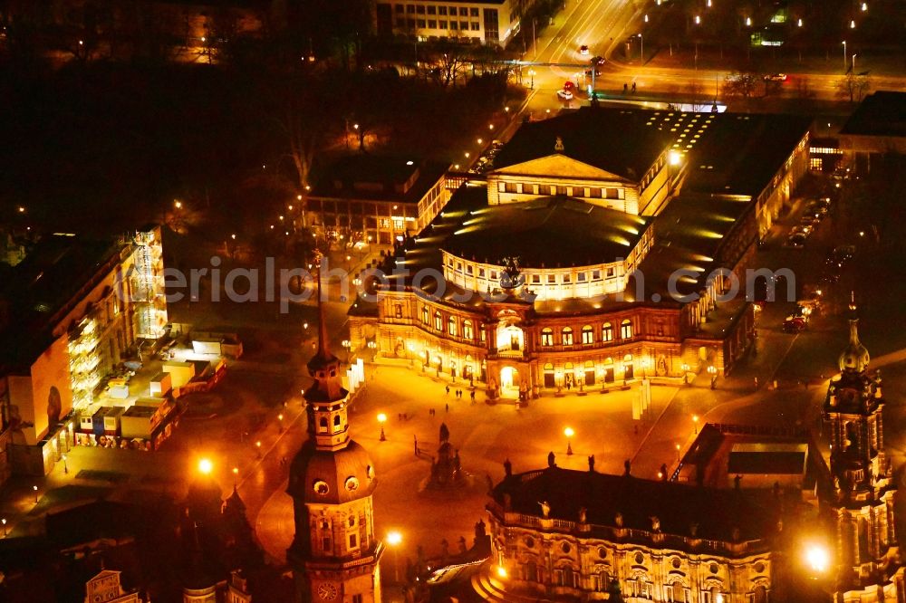 Aerial photograph at night Dresden - Night lighting View of the opera Semperoper in Dresden in the state Saxony
