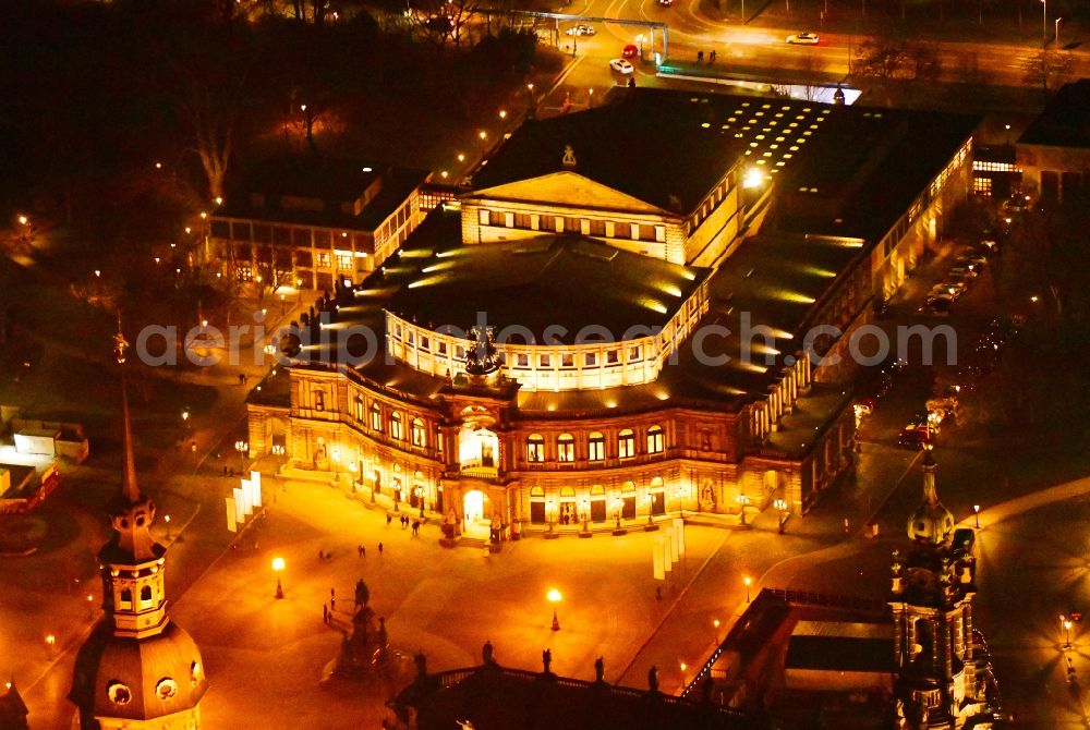Aerial image at night Dresden - Night lighting View of the opera Semperoper in Dresden in the state Saxony