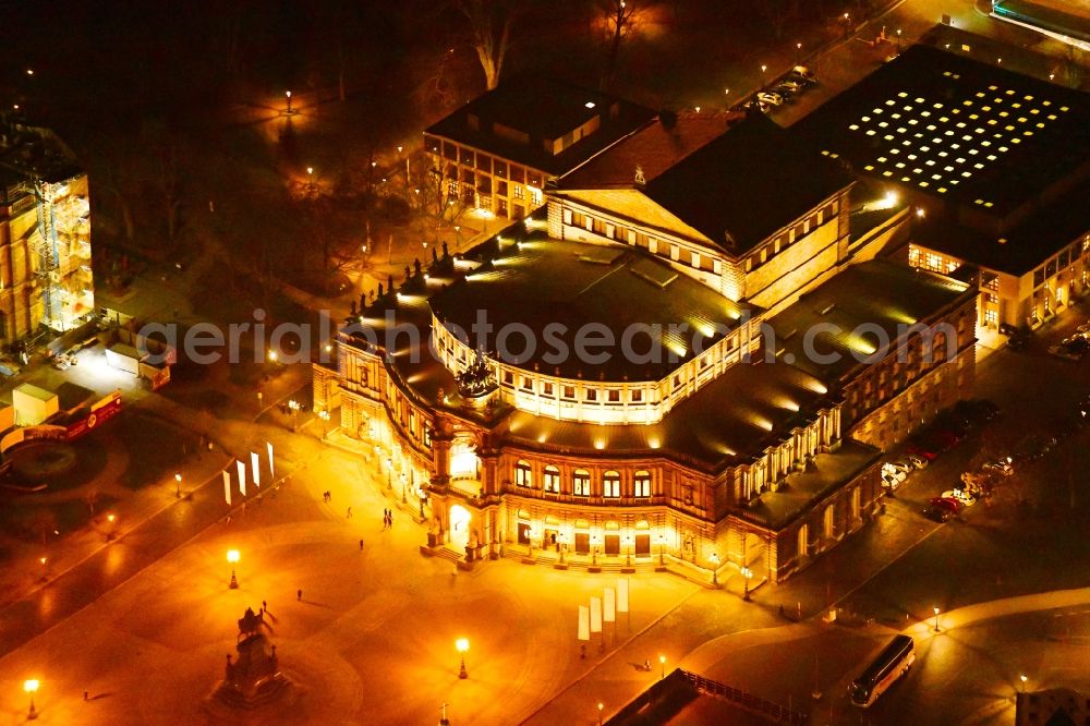 Dresden at night from the bird perspective: Night lighting View of the opera Semperoper in Dresden in the state Saxony