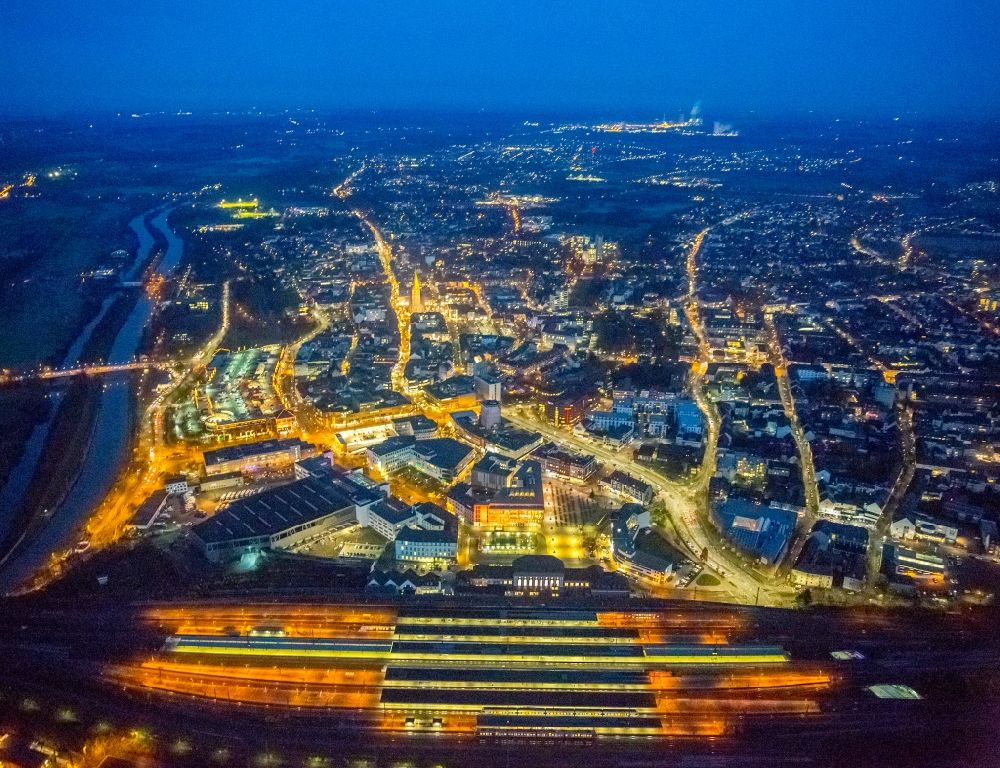 Aerial photograph at night Hamm - Night view of the city area of in Hamm in the state North Rhine-Westphalia