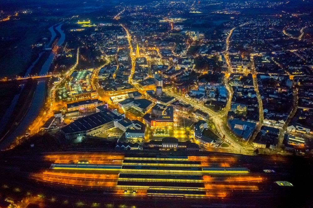 Aerial image at night Hamm - Night view of the city area of in Hamm in the state North Rhine-Westphalia
