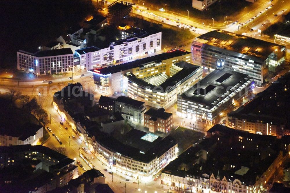Aerial image at night Rostock - Night view city view of downtown area in the district Kroepeliner-Tor-Vorstadt in Rostock in the state Mecklenburg - Western Pomerania